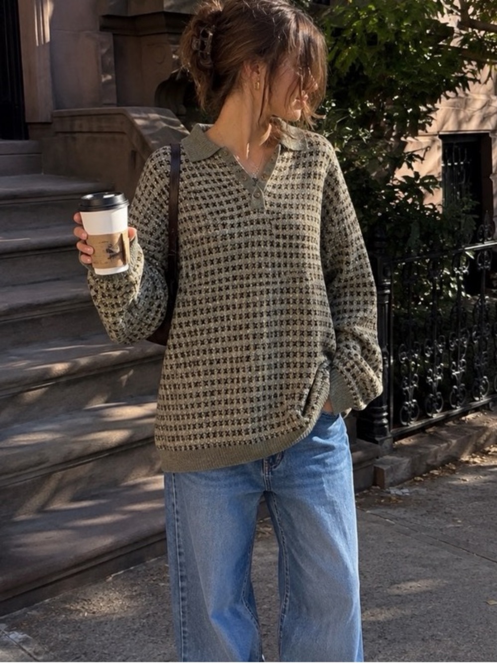 Vintage Grandpa Sweater with Buttons and Collar in Earthy Tones